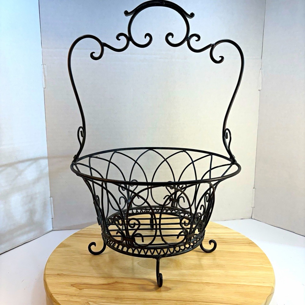 Black Metal Wire Decorative Basket Scroll Handle Freestanding Round 19x12in